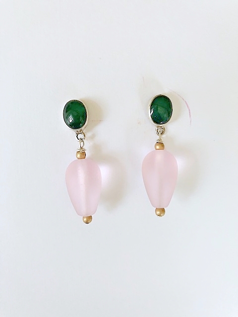 Green Onyx, Pale Pink Sea Glass, Sterling Post Earring
